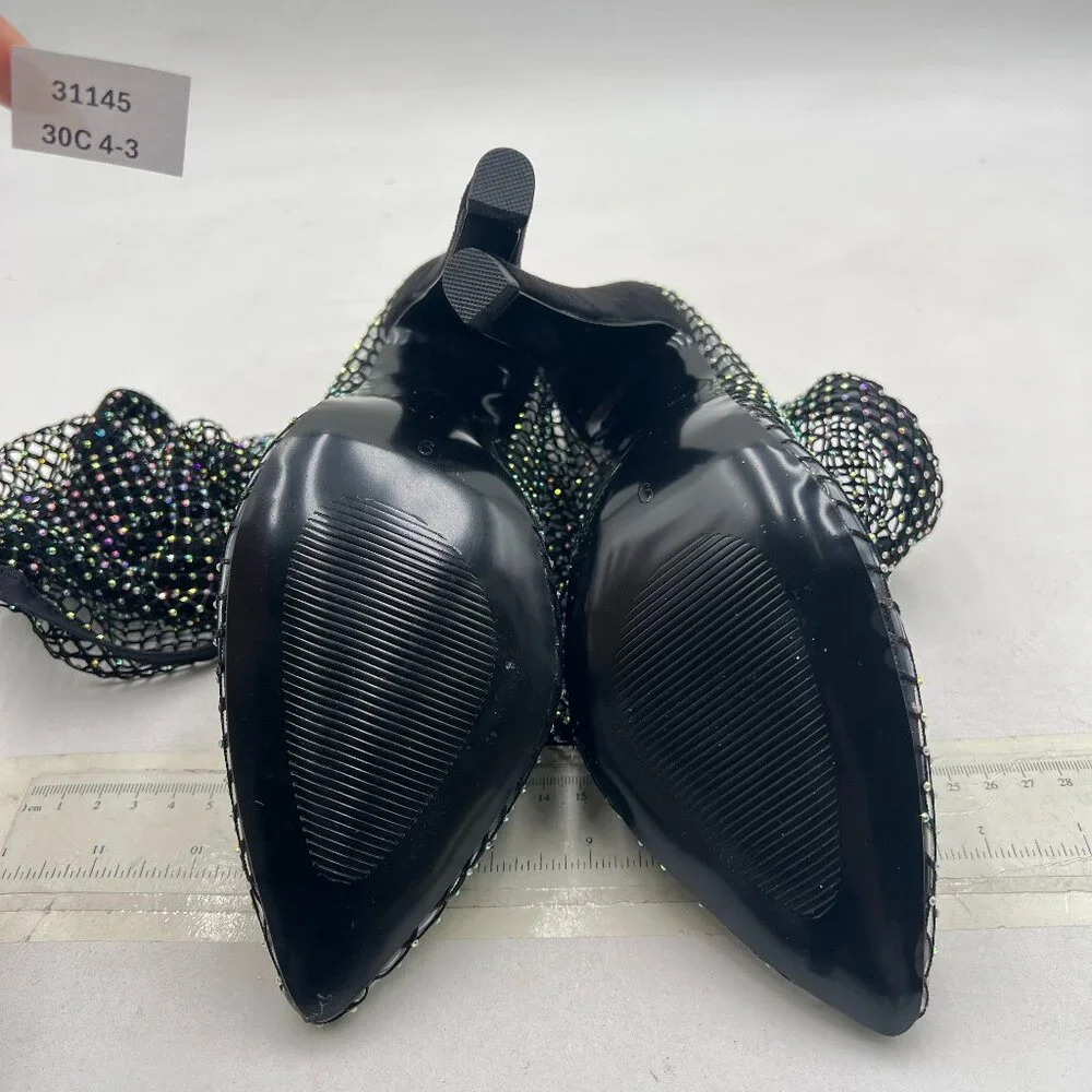 FSJ Black Diamante Fish Net Sexy High Heel Long Boots